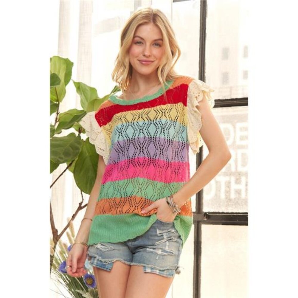 ADORA Eyelet Sleeve Multi Color Crochet Top‎